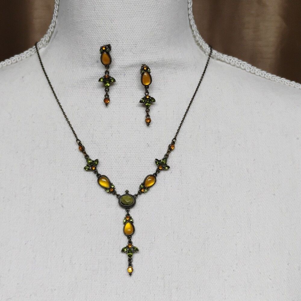 Vintage Nina Ricci Green/Orange Rhinestone Necklace & Dangle Earrings Set